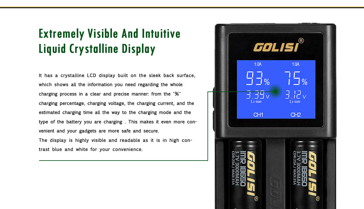 golisi s2 smart charger with lcd screen (2 bay) golisi s2 smart charger with lcd screen (2 bay)