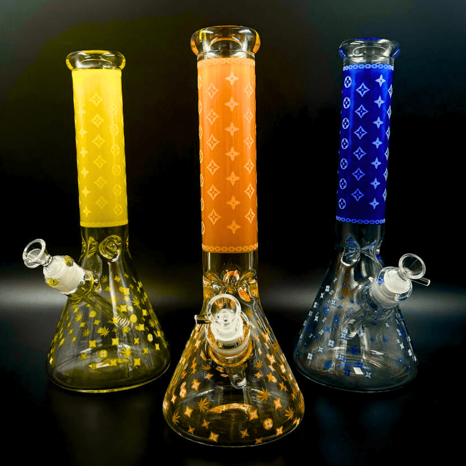 lv pattern 7mm beaker bong glow in the dark 14.5" lv pattern 7mm beaker bong glow in the dark 14.5"